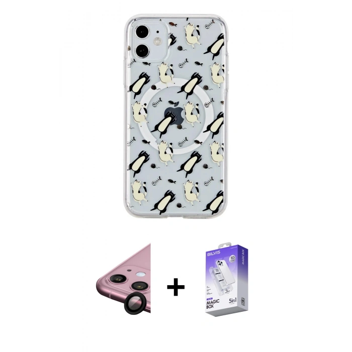 MARSİLYAN™- iPhone 11 Kılıf Pusula Form - Siyah Bilvis 5in1 3D Magic Cam Ekran Koruyucu + Raze Metal Kamera Lens - SH