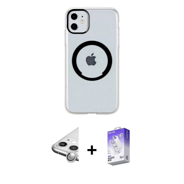 MARSİLYAN™- iPhone 11 Kılıf Pusula Form - Siyah Bilvis 5in1 3D Magic Cam Ekran Koruyucu + Raze Metal Kamera Lens - GS