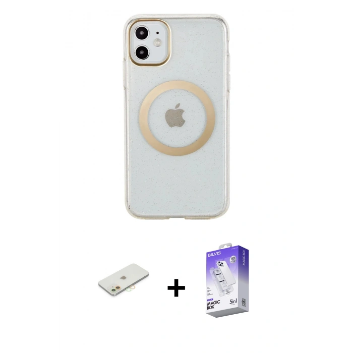 MARSİLYAN™- iPhone 11 Kılıf Pusula Form - Siyah Bilvis 5in1 3D Magic Cam Ekran Koruyucu + Turuncu Renkli Kamera Lens Koruma Cam