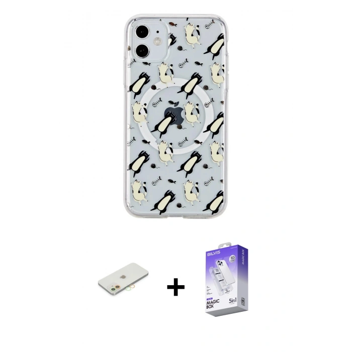 MARSİLYAN™- iPhone 11 Kılıf Pusula Form - Siyah Bilvis 5in1 3D Magic Cam Ekran Koruyucu + Turuncu Renkli Kamera Lens Koruma Cam
