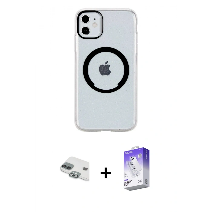 MARSİLYAN™- iPhone 11 Kılıf Pusula Form - Siyah Bilvis 5in1 3D Magic Cam Ekran Koruyucu + Pers Alüminyum Kamera Lens - YL