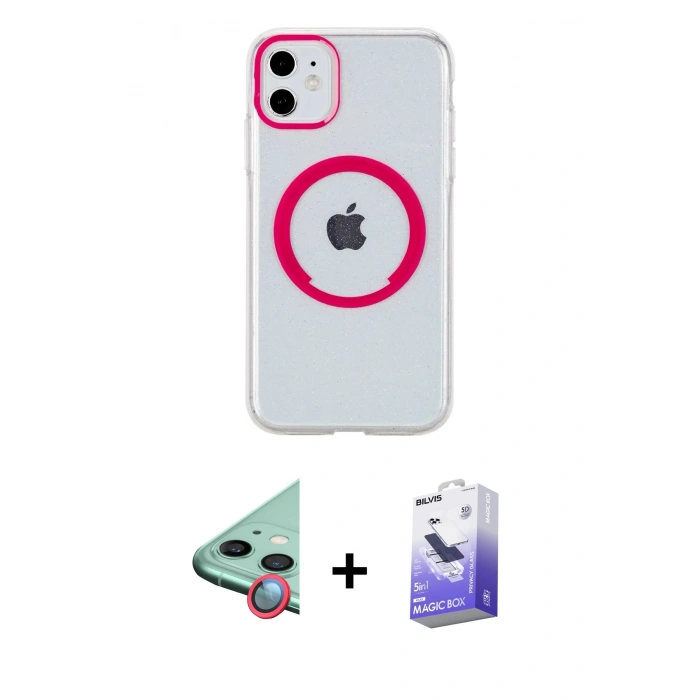 MARSİLYAN™- iPhone 11 Kılıf Pusula Form - Siyah Bilvis 5in1 5D Magic Hayalet Cam Ekran Koruyucu + Kırmızı Raze Metal Kamera Lens