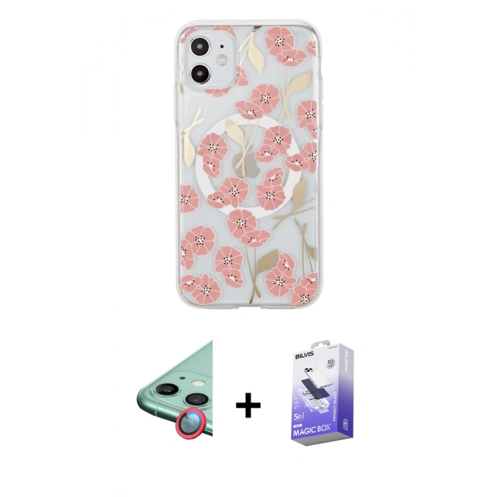 MARSİLYAN™- iPhone 11 Kılıf Pusula Form - Siyah Bilvis 5in1 5D Magic Hayalet Cam Ekran Koruyucu + Kırmızı Raze Metal Kamera Lens