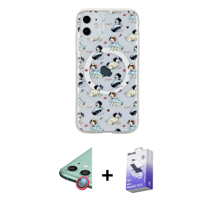MARSİLYAN™- iPhone 11 Kılıf Pusula Form - Siyah Bilvis 5in1 5D Magic Hayalet Cam Ekran Koruyucu + Kırmızı Raze Metal Kamera Lens