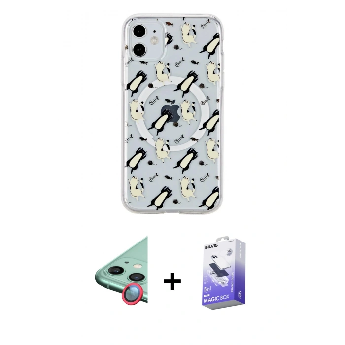 MARSİLYAN™- iPhone 11 Kılıf Pusula Form - Siyah Bilvis 5in1 5D Magic Hayalet Cam Ekran Koruyucu + Kırmızı Raze Metal Kamera Lens