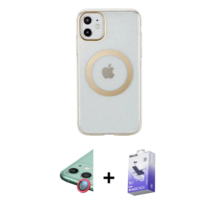 MARSİLYAN™- iPhone 11 Kılıf Pusula Form - Siyah Bilvis 5in1 5D Magic Hayalet Cam Ekran Koruyucu + Kırmızı Raze Metal Kamera Lens