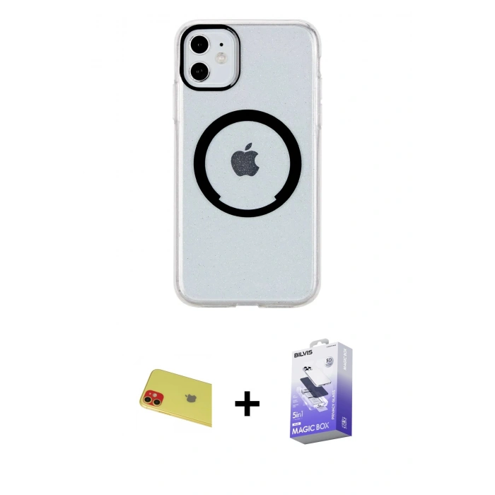 MARSİLYAN™- iPhone 11 Kılıf Pusula Form - Siyah Bilvis 5in1 5D Magic Hayalet Cam Ekran Koruyucu + Rainbow Kamera Lens Koruma Cam - KI