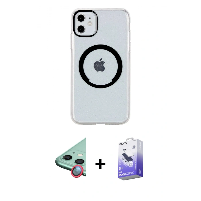 MARSİLYAN™- iPhone 11 Kılıf Pusula Form - Siyah Bilvis 5in1 5D Magic Hayalet Cam Ekran Koruyucu + Kırmızı Raze Metal Kamera Lens