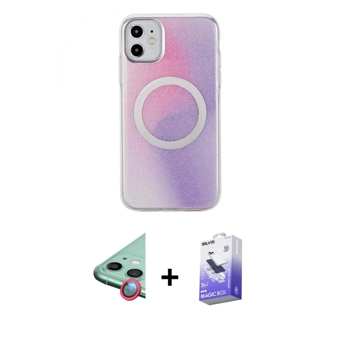 MARSİLYAN™- iPhone 11 Kılıf Pusula Form - Siyah Bilvis 5in1 5D Magic Hayalet Cam Ekran Koruyucu + Kırmızı Raze Metal Kamera Lens