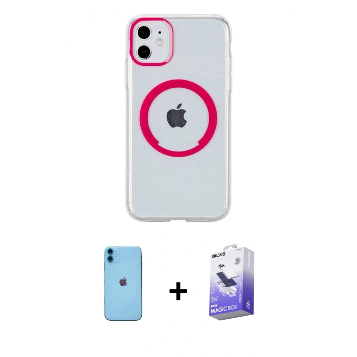 MARSİLYAN™- iPhone 11 Kılıf Pusula Form - Siyah Bilvis 5in1 5D Magic Hayalet Cam Ekran Koruyucu + Neon Fosforlu Kamera Lens - MI