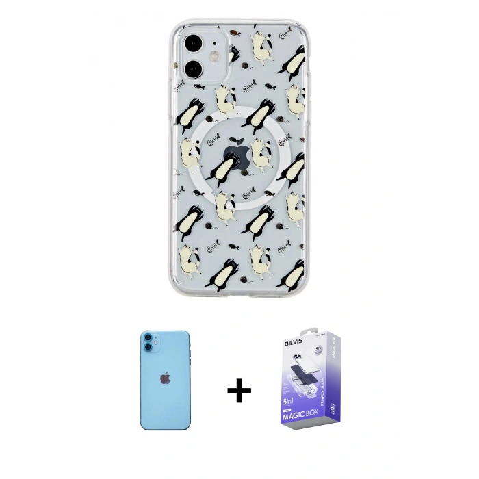 MARSİLYAN™- iPhone 11 Kılıf Pusula Form - Siyah Bilvis 5in1 5D Magic Hayalet Cam Ekran Koruyucu + Neon Fosforlu Kamera Lens - MI