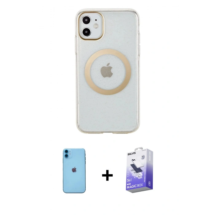 MARSİLYAN™- iPhone 11 Kılıf Pusula Form - Siyah Bilvis 5in1 5D Magic Hayalet Cam Ekran Koruyucu + Neon Fosforlu Kamera Lens - MI