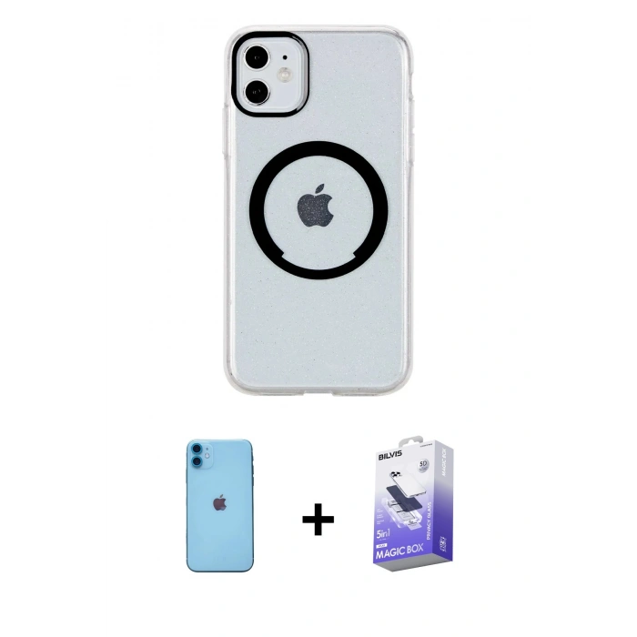 MARSİLYAN™- iPhone 11 Kılıf Pusula Form - Siyah Bilvis 5in1 5D Magic Hayalet Cam Ekran Koruyucu + Neon Fosforlu Kamera Lens - MI