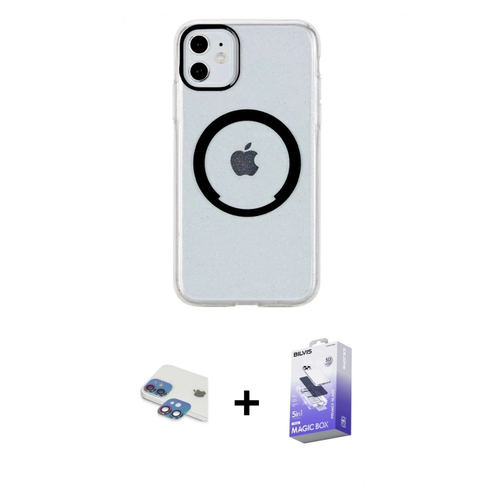 MARSİLYAN™- iPhone 11 Kılıf Pusula Form - Siyah Bilvis 5in1 5D Magic Hayalet Cam Ekran Koruyucu + Pers Alüminyum Kamera Lens - GI