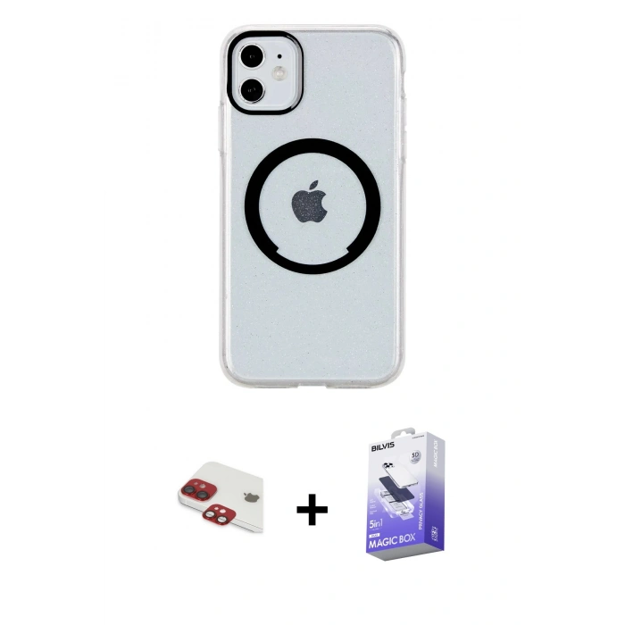 MARSİLYAN™- iPhone 11 Kılıf Pusula Form - Siyah Bilvis 5in1 5D Magic Hayalet Cam Ekran Koruyucu + Pers Alüminyum Kamera Lens - KI