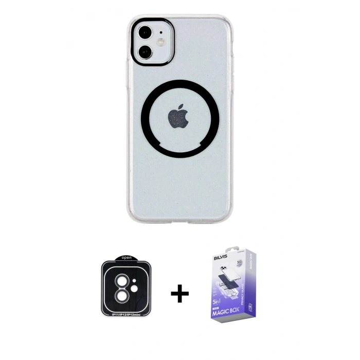 MARSİLYAN™- iPhone 11 Kılıf Pusula Form - Siyah Bilvis 5in1 5D Magic Hayalet Cam Ekran Koruyucu + PVD Metal Kamera Lens - SH
