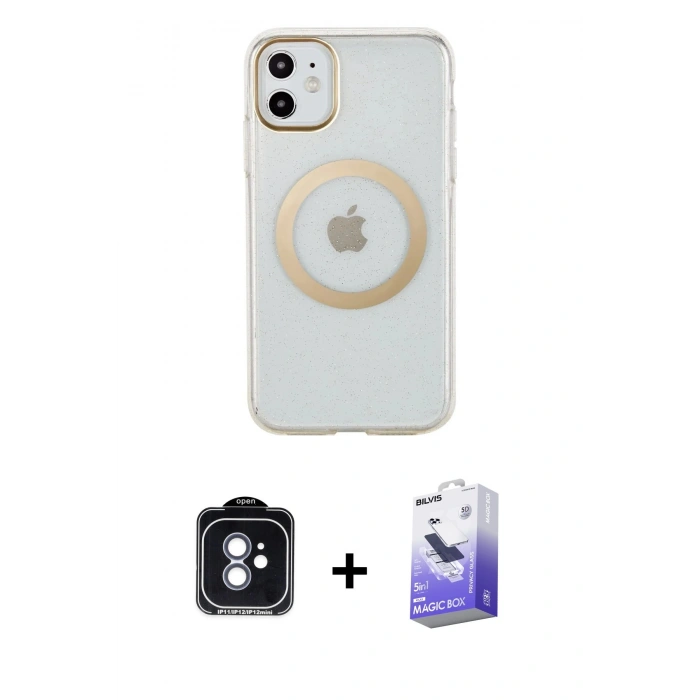 MARSİLYAN™- iPhone 11 Kılıf Pusula Form - Siyah Bilvis 5in1 5D Magic Hayalet Cam Ekran Koruyucu + PVD Metal Kamera Lens - MI