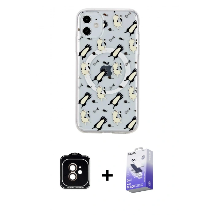 MARSİLYAN™- iPhone 11 Kılıf Pusula Form - Siyah Bilvis 5in1 5D Magic Hayalet Cam Ekran Koruyucu + PVD Metal Kamera Lens - TU
