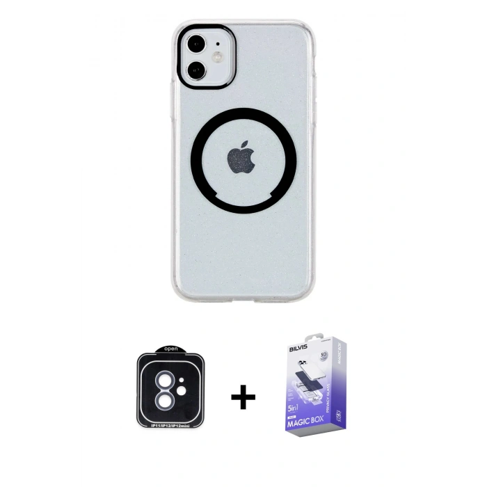 MARSİLYAN™- iPhone 11 Kılıf Pusula Form - Siyah Bilvis 5in1 5D Magic Hayalet Cam Ekran Koruyucu + PVD Metal Kamera Lens - MI