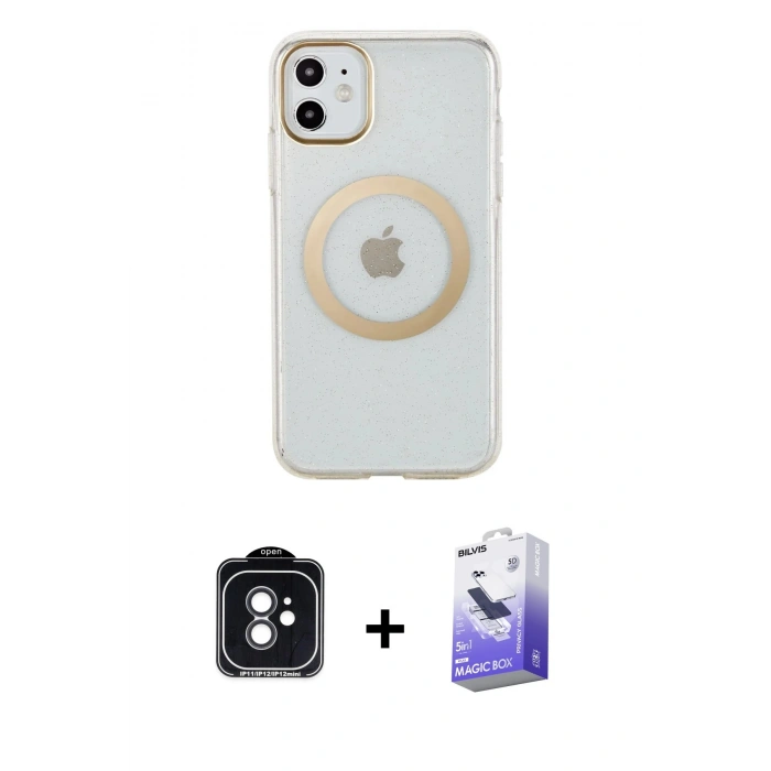 MARSİLYAN™- iPhone 11 Kılıf Pusula Form - Siyah Bilvis 5in1 5D Magic Hayalet Cam Ekran Koruyucu + PVD Metal Kamera Lens - SH