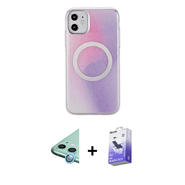MARSİLYAN™- iPhone 11 Kılıf Pusula Form - Siyah Bilvis 5in1 5D Magic Hayalet Cam Ekran Koruyucu + Raze Metal Kamera Lens - MI