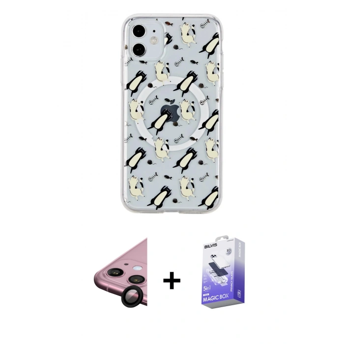 MARSİLYAN™- iPhone 11 Kılıf Pusula Form - Siyah Bilvis 5in1 5D Magic Hayalet Cam Ekran Koruyucu + Raze Metal Kamera Lens - SH