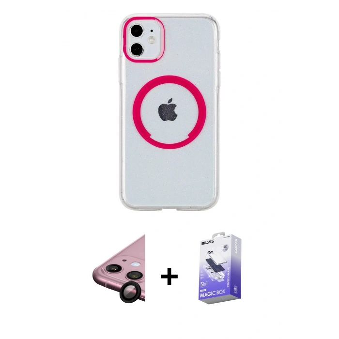 MARSİLYAN™- iPhone 11 Kılıf Pusula Form - Siyah Bilvis 5in1 5D Magic Hayalet Cam Ekran Koruyucu + Raze Metal Kamera Lens - SH