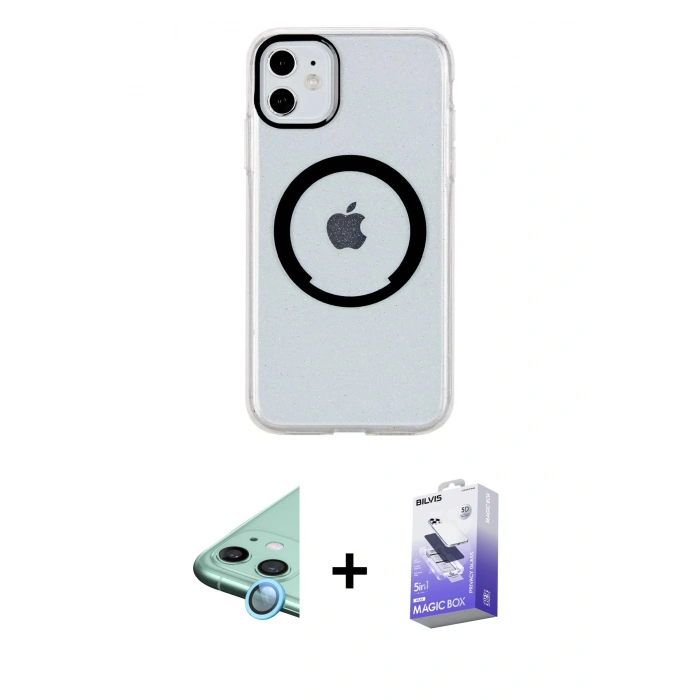 MARSİLYAN™- iPhone 11 Kılıf Pusula Form - Siyah Bilvis 5in1 5D Magic Hayalet Cam Ekran Koruyucu + Raze Metal Kamera Lens - MI