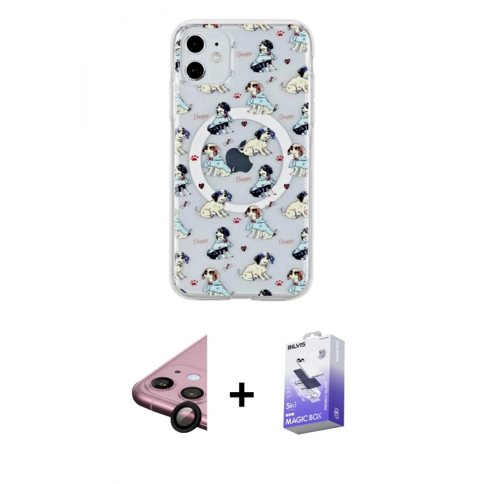 MARSİLYAN™- iPhone 11 Kılıf Pusula Form - Siyah Bilvis 5in1 5D Magic Hayalet Cam Ekran Koruyucu + Raze Metal Kamera Lens - SH