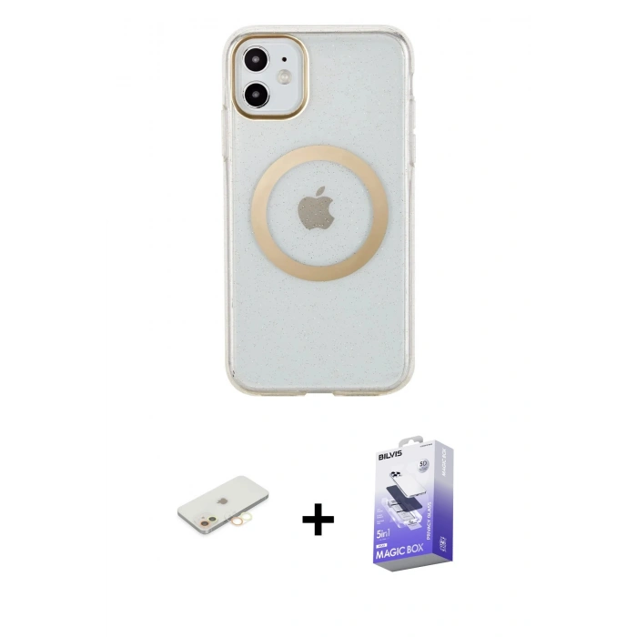 MARSİLYAN™- iPhone 11 Kılıf Pusula Form - Siyah Bilvis 5in1 5D Magic Hayalet Cam Ekran Koruyucu + Renkli Kamera Lens Koruma Cam - SI