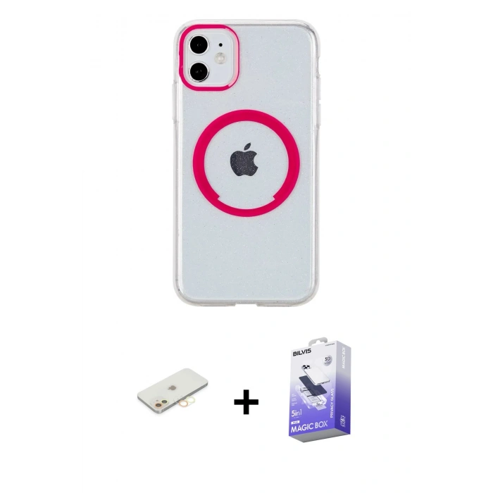 MARSİLYAN™- iPhone 11 Kılıf Pusula Form - Siyah Bilvis 5in1 5D Magic Hayalet Cam Ekran Koruyucu + Renkli Kamera Lens Koruma Cam - SI