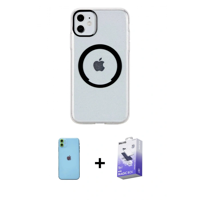 MARSİLYAN™- iPhone 11 Kılıf Pusula Form - Siyah Bilvis 5in1 5D Magic Hayalet Cam Ekran Koruyucu + Yeşil Neon Fosforlu Kamera Lens
