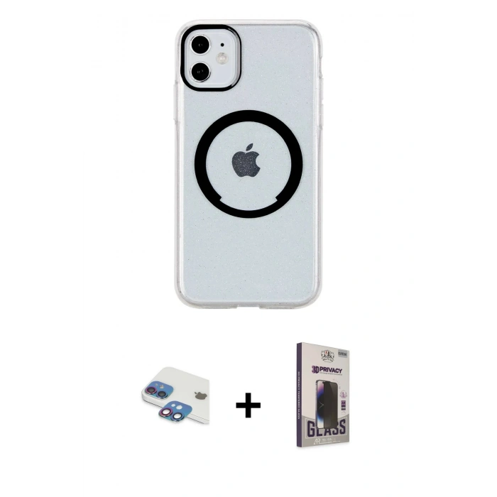 MARSİLYAN™- iPhone 11 Kılıf Pusula Form - Siyah Bilvis Hayalet Cam Ekran Koruyucu + Pers Alüminyum Kamera Lens - GI