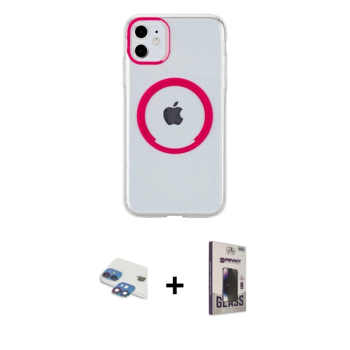 MARSİLYAN™- iPhone 11 Kılıf Pusula Form - Siyah Bilvis Hayalet Cam Ekran Koruyucu + Pers Alüminyum Kamera Lens - GI
