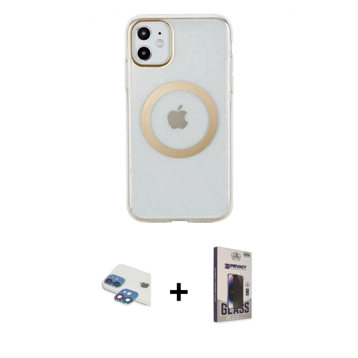 MARSİLYAN™- iPhone 11 Kılıf Pusula Form - Siyah Bilvis Hayalet Cam Ekran Koruyucu + Pers Alüminyum Kamera Lens - GI