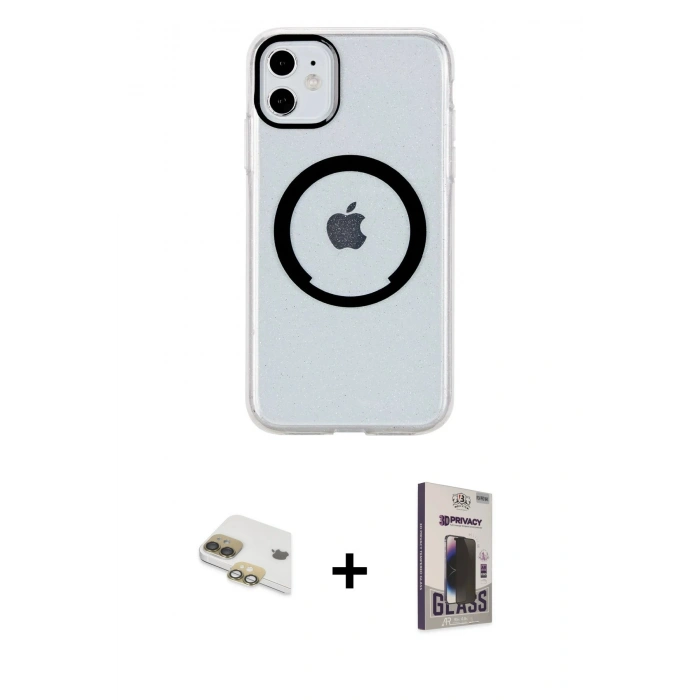 MARSİLYAN™- iPhone 11 Kılıf Pusula Form - Siyah Bilvis Hayalet Cam Ekran Koruyucu + Pers Alüminyum Kamera Lens - GD