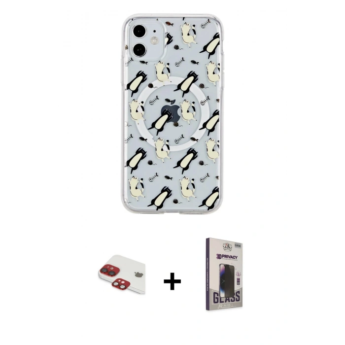 MARSİLYAN™- iPhone 11 Kılıf Pusula Form - Siyah Bilvis Hayalet Cam Ekran Koruyucu + Pers Alüminyum Kamera Lens - KI