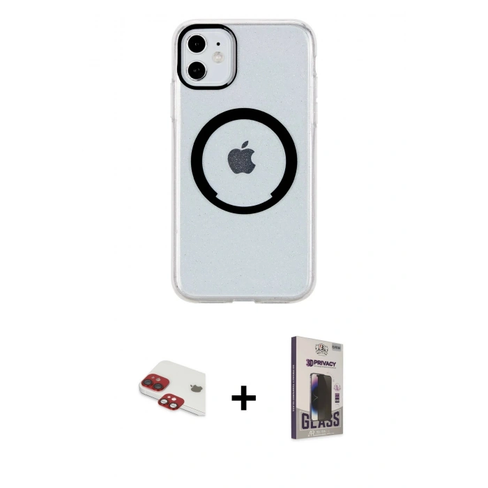 MARSİLYAN™- iPhone 11 Kılıf Pusula Form - Siyah Bilvis Hayalet Cam Ekran Koruyucu + Pers Alüminyum Kamera Lens - KI