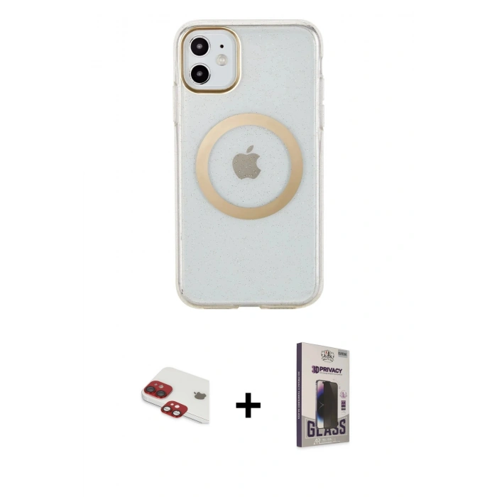 MARSİLYAN™- iPhone 11 Kılıf Pusula Form - Siyah Bilvis Hayalet Cam Ekran Koruyucu + Pers Alüminyum Kamera Lens - KI
