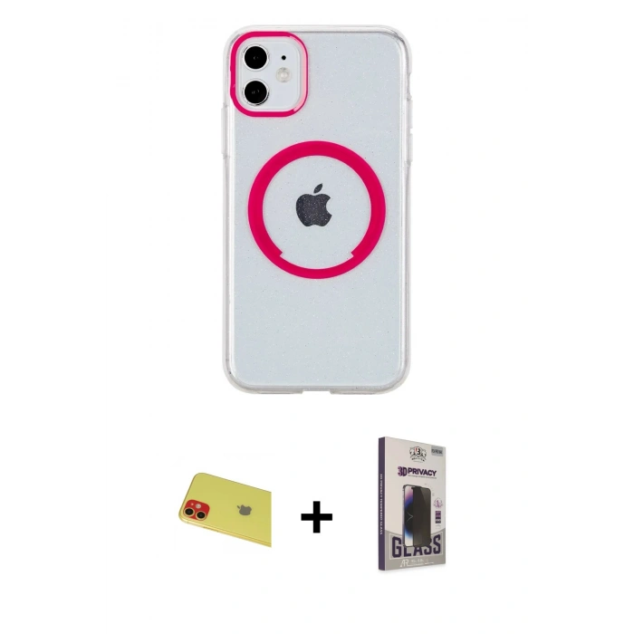 MARSİLYAN™- iPhone 11 Kılıf Pusula Form - Siyah Bilvis Hayalet Cam Ekran Koruyucu + Rainbow Kamera Lens Koruma Cam - KI