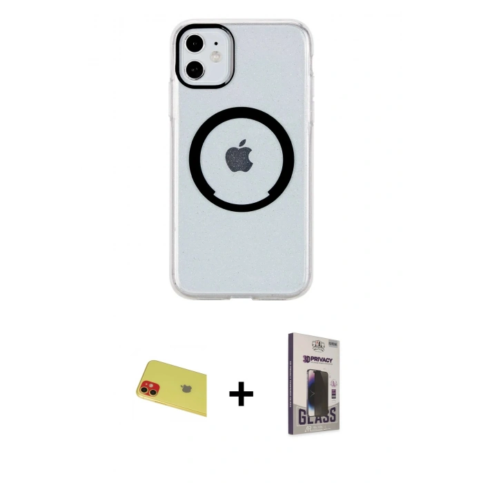 MARSİLYAN™- iPhone 11 Kılıf Pusula Form - Siyah Bilvis Hayalet Cam Ekran Koruyucu + Rainbow Kamera Lens Koruma Cam - KI