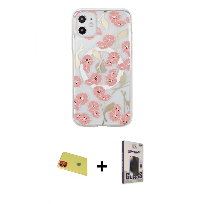 MARSİLYAN™- iPhone 11 Kılıf Pusula Form - Siyah Bilvis Hayalet Cam Ekran Koruyucu + Rainbow Kamera Lens Koruma Cam - KI