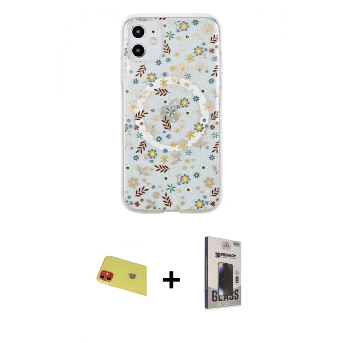 MARSİLYAN™- iPhone 11 Kılıf Pusula Form - Siyah Bilvis Hayalet Cam Ekran Koruyucu + Rainbow Kamera Lens Koruma Cam - KI