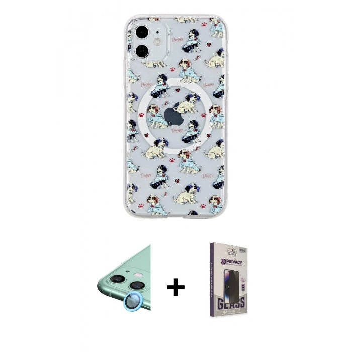 MARSİLYAN™- iPhone 11 Kılıf Pusula Form - Siyah Bilvis Hayalet Cam Ekran Koruyucu + Raze Metal Kamera Lens - MI