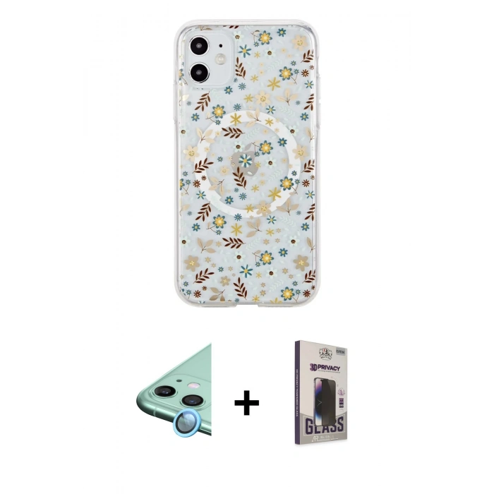 MARSİLYAN™- iPhone 11 Kılıf Pusula Form - Siyah Bilvis Hayalet Cam Ekran Koruyucu + Raze Metal Kamera Lens - MI