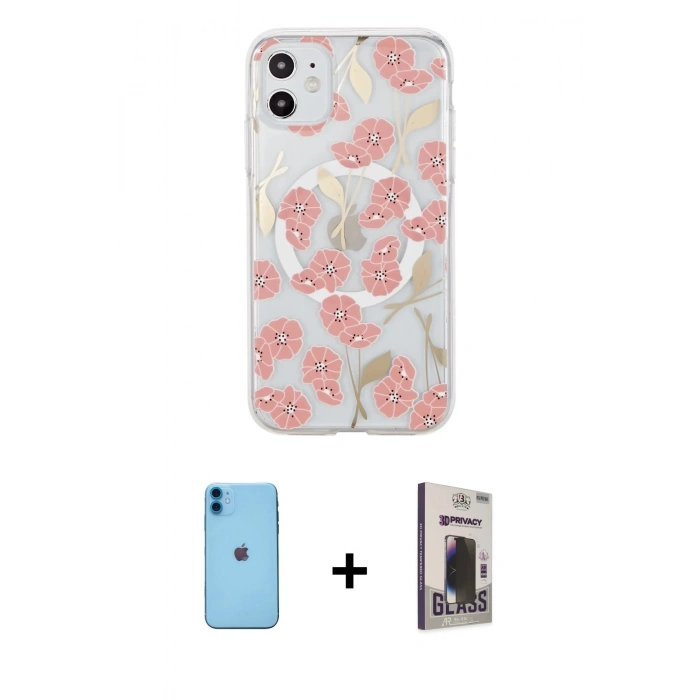 MARSİLYAN™- iPhone 11 Kılıf Pusula Form - Siyah Bilvis Hayalet Cam Ekran Koruyucu + Neon Fosforlu Kamera Lens - MI