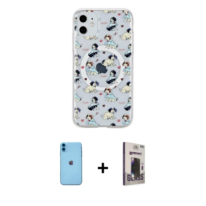 MARSİLYAN™- iPhone 11 Kılıf Pusula Form - Siyah Bilvis Hayalet Cam Ekran Koruyucu + Neon Fosforlu Kamera Lens - MI