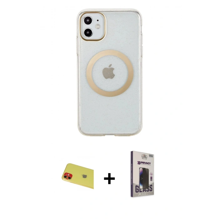 MARSİLYAN™- iPhone 11 Kılıf Pusula Form - Siyah Bilvis Hayalet Cam Ekran Koruyucu + Rainbow Kamera Lens Koruma Cam - KI