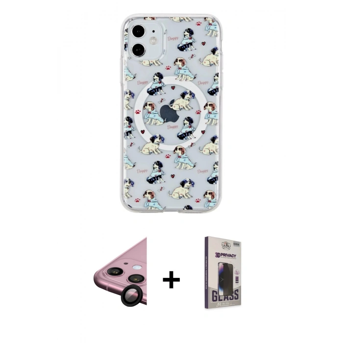 MARSİLYAN™- iPhone 11 Kılıf Pusula Form - Siyah Bilvis Hayalet Cam Ekran Koruyucu + Raze Metal Kamera Lens - SH