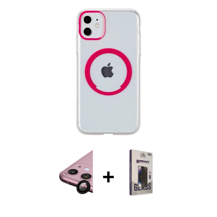 MARSİLYAN™- iPhone 11 Kılıf Pusula Form - Siyah Bilvis Hayalet Cam Ekran Koruyucu + Raze Metal Kamera Lens - SH